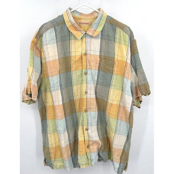Tommy Bahama Button Up Shirt Mens XL Yellow Plaid Short Sleeve Linen Casual - Picture 1 of 4